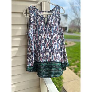 Renee C. Tribal Feather Blue Green Pink White Sleeveless Plus Top
